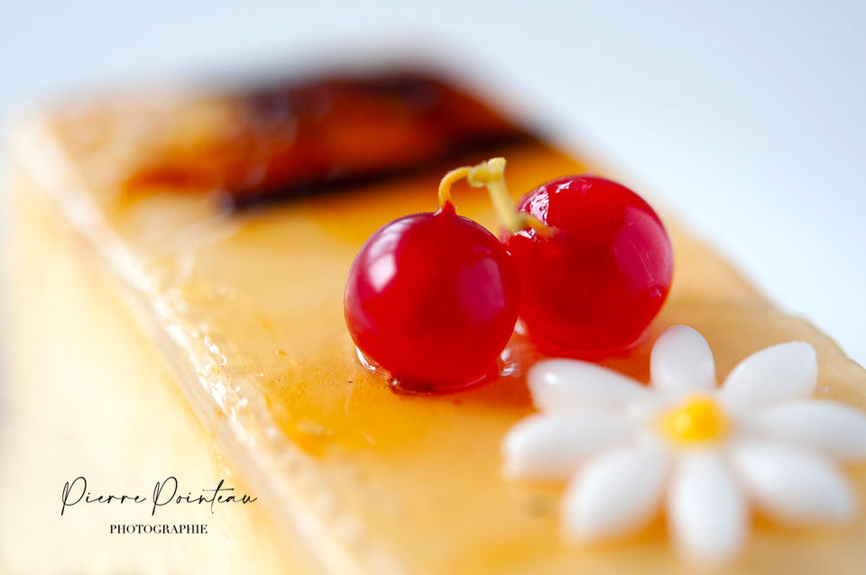 Photographie d'une part de flan aux groseilles, par Pierre Pointeau, photographe culinaire.